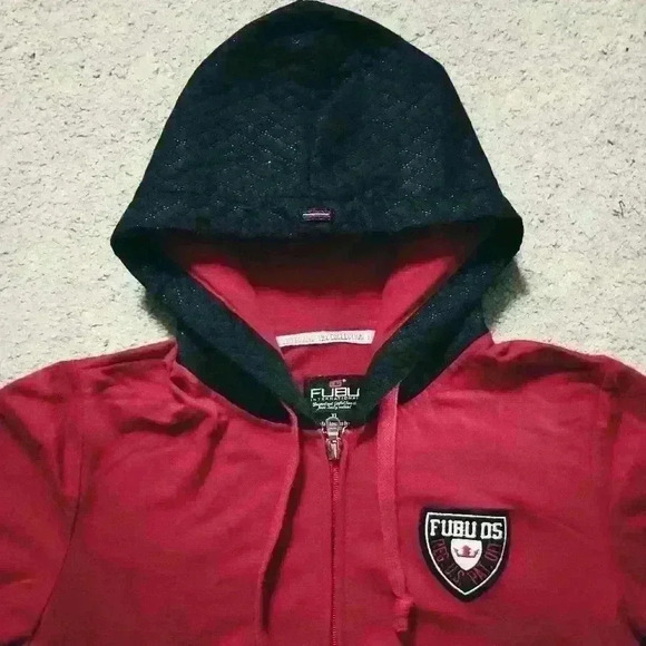 FUBU International Womens Zip Up Hoodie Jacket Red Black Colorblock - Picture 2 of 8